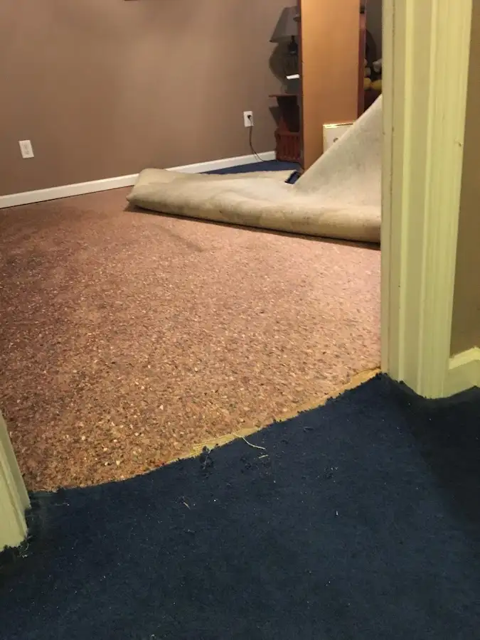 Carpet pad removal revealing water damage during Water Mitigation Services in Boca Raton